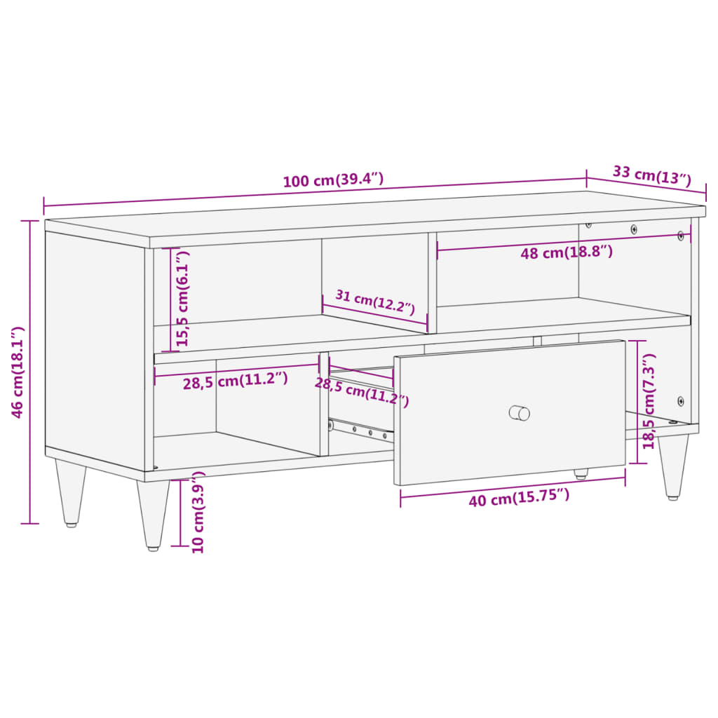 Móvel de TV 100x33x46 cm madeira de mangueira maciça