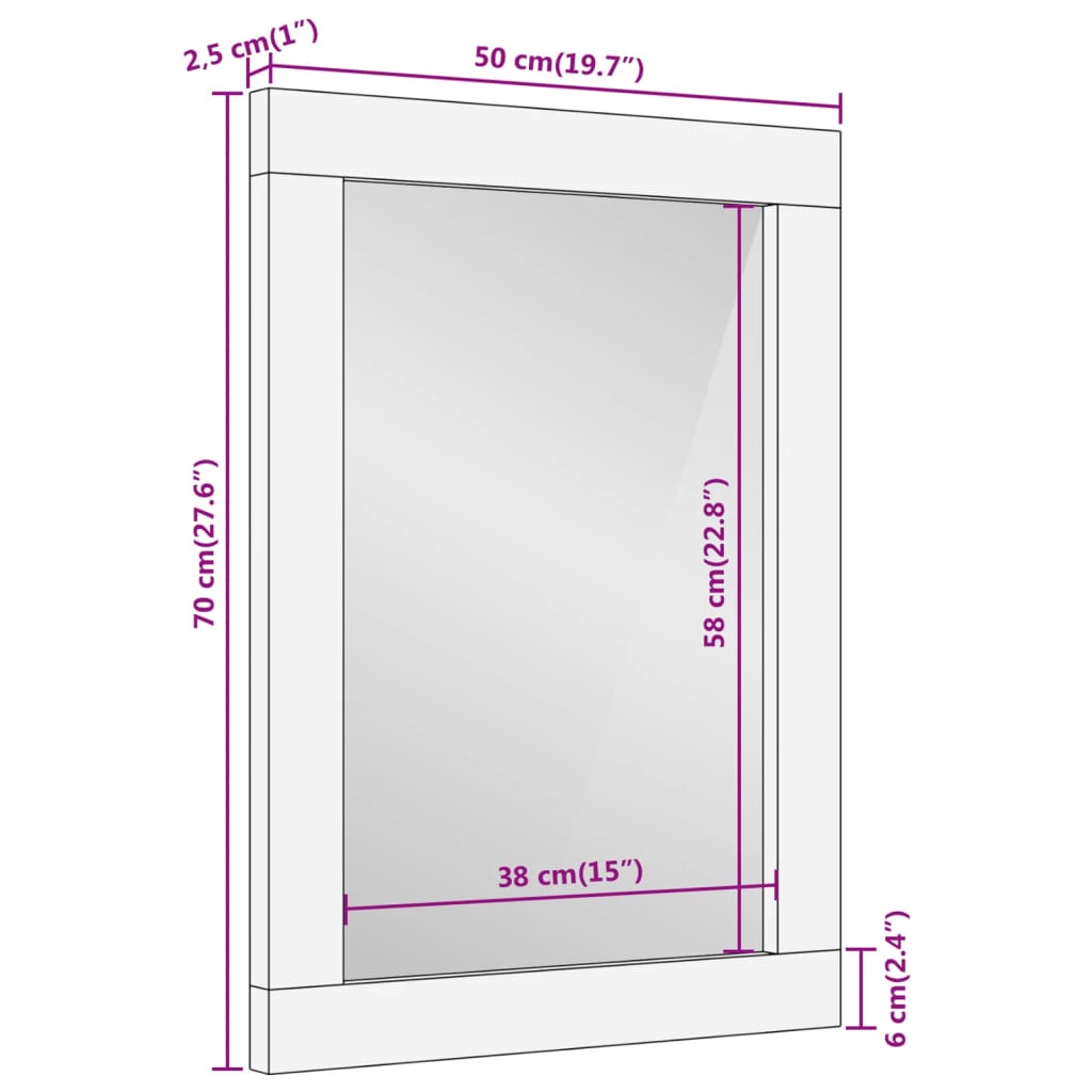 Espelho de casa de banho 50x70x2,5 cm mangueira maciça e vidro