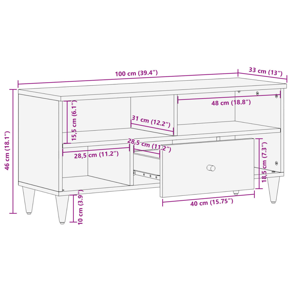 Móvel de TV 100x33x46 cm madeira de mangueira maciça