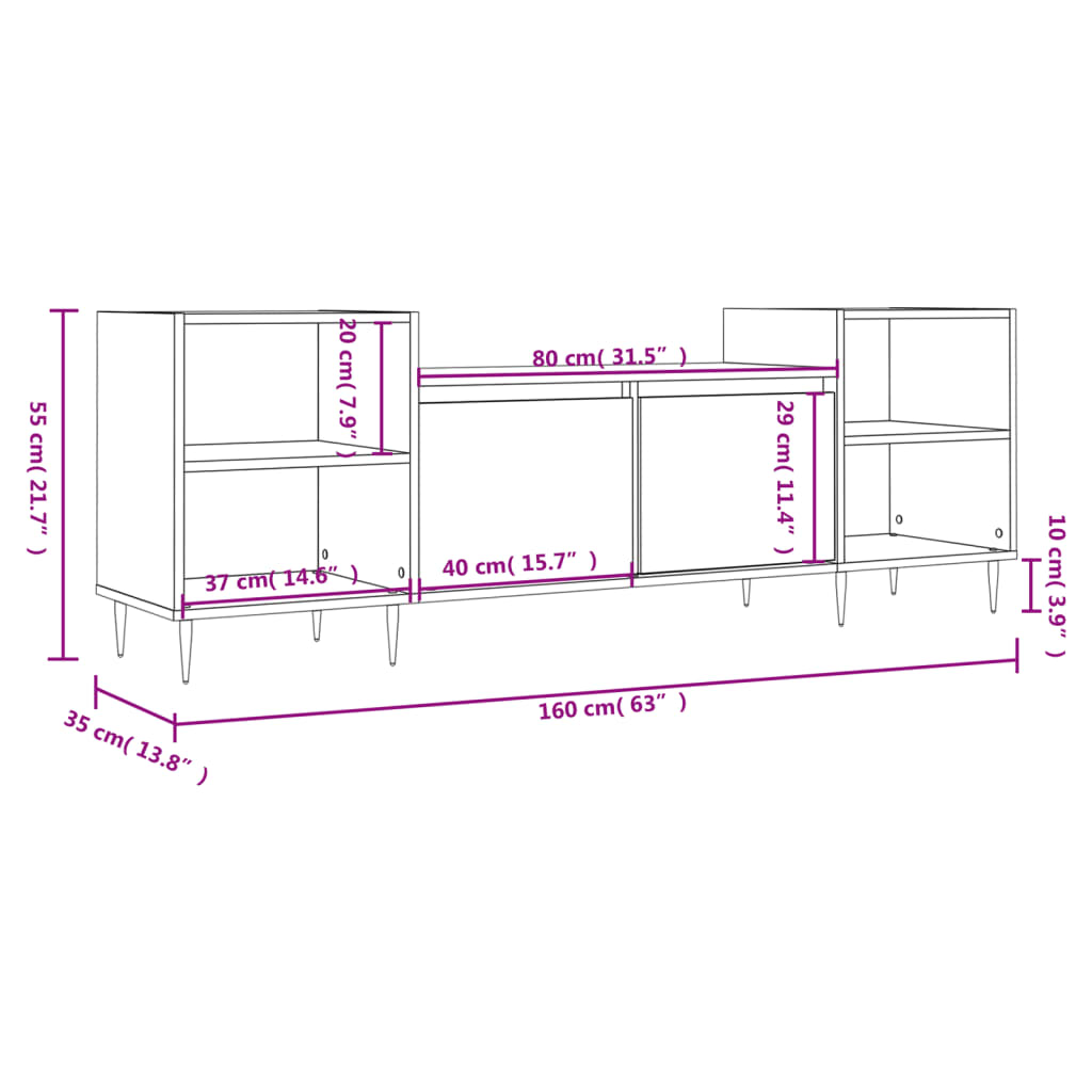 Móvel de TV 160x35x55 cm derivados de madeira branco brilhante