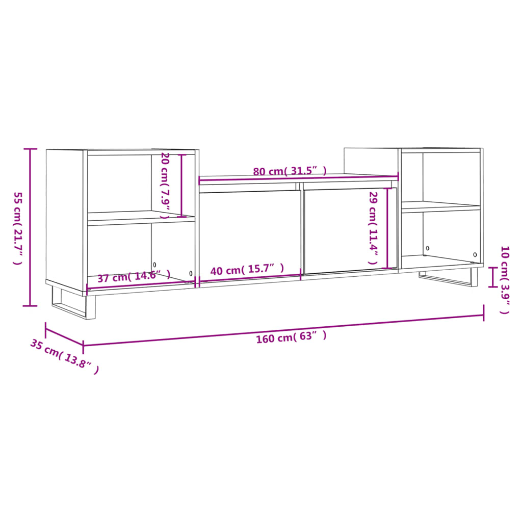 Móvel de TV 160x35x55 cm derivados de madeira branco brilhante