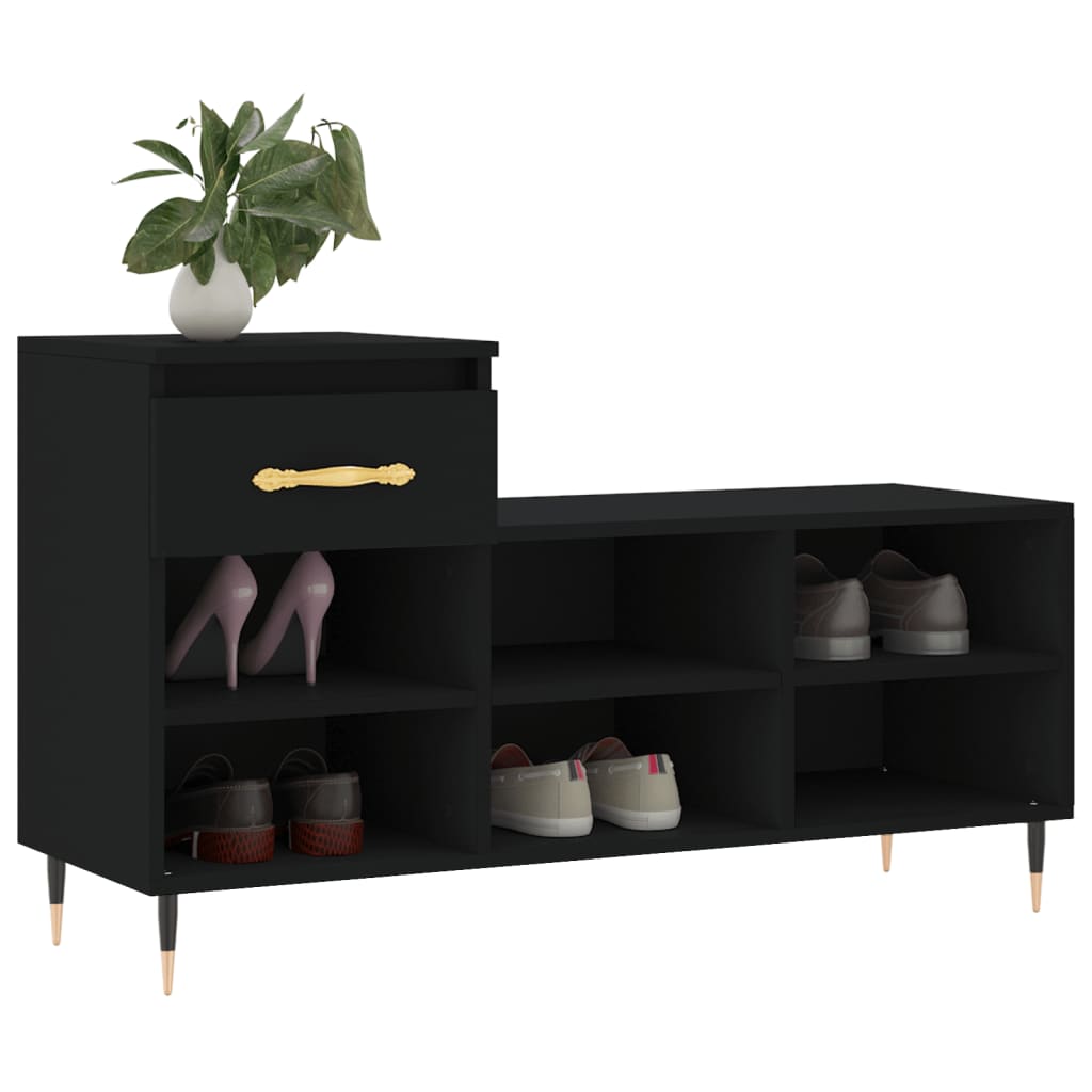 Sapateira Marbella - Com 1 Gaveta e 6 Prateleiras - Cor Preto - 102x36x60 cm - Derivados de Madeira e Pernas de Metal - Design Moderno