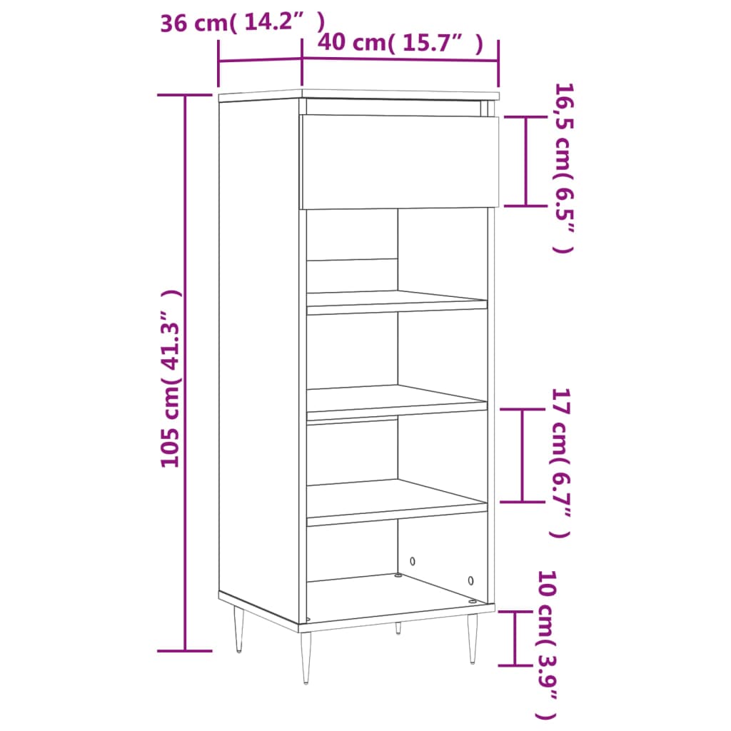 Sapateira Celtia - Com 1 Gaveta e 4 Prateleiras - Cor Branco - 40x36x105 cm - Derivados de Madeira e Pés em Metal - Design Moderno