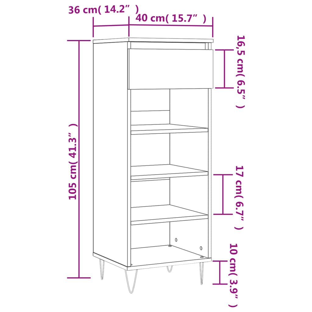 Sapateira Vera - Com 1 Gaveta e 4 Prateleiras - Cor Cinzento Sonoma - 40x36x105 cm - Derivados de Madeira e Pés em Metal - Design Moderno