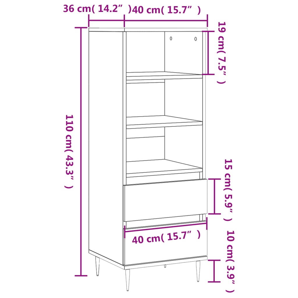 Aparador Lírio - Cor Branco - Com 3 Prateleiras e 2 Gavetas - 40x36x110 cm -  Derivados de Madeira e Pernas em Metal e Acabamento em Madeira de Eucalipto - Design Nórdico