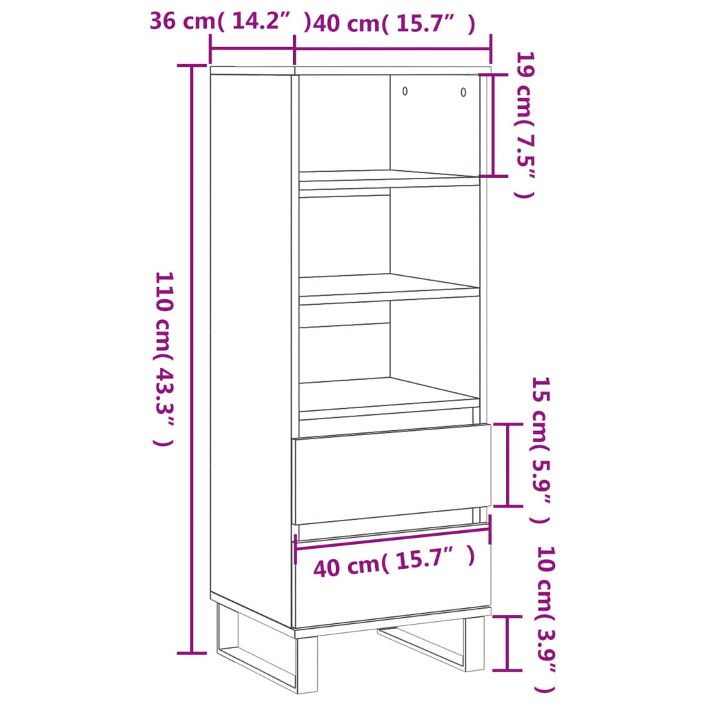 Aparador Lírio - Cor Branco Brilhante - Com 3 Prateleiras e 2 Gavetas - 40x36x110 cm -  Derivados de Madeira e Pernas em Ferro  - Design Nórdico