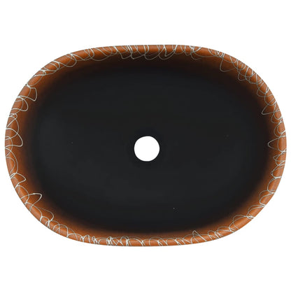 Lavatório de bancada oval 47x33x13 cm cerâmica preto e laranja