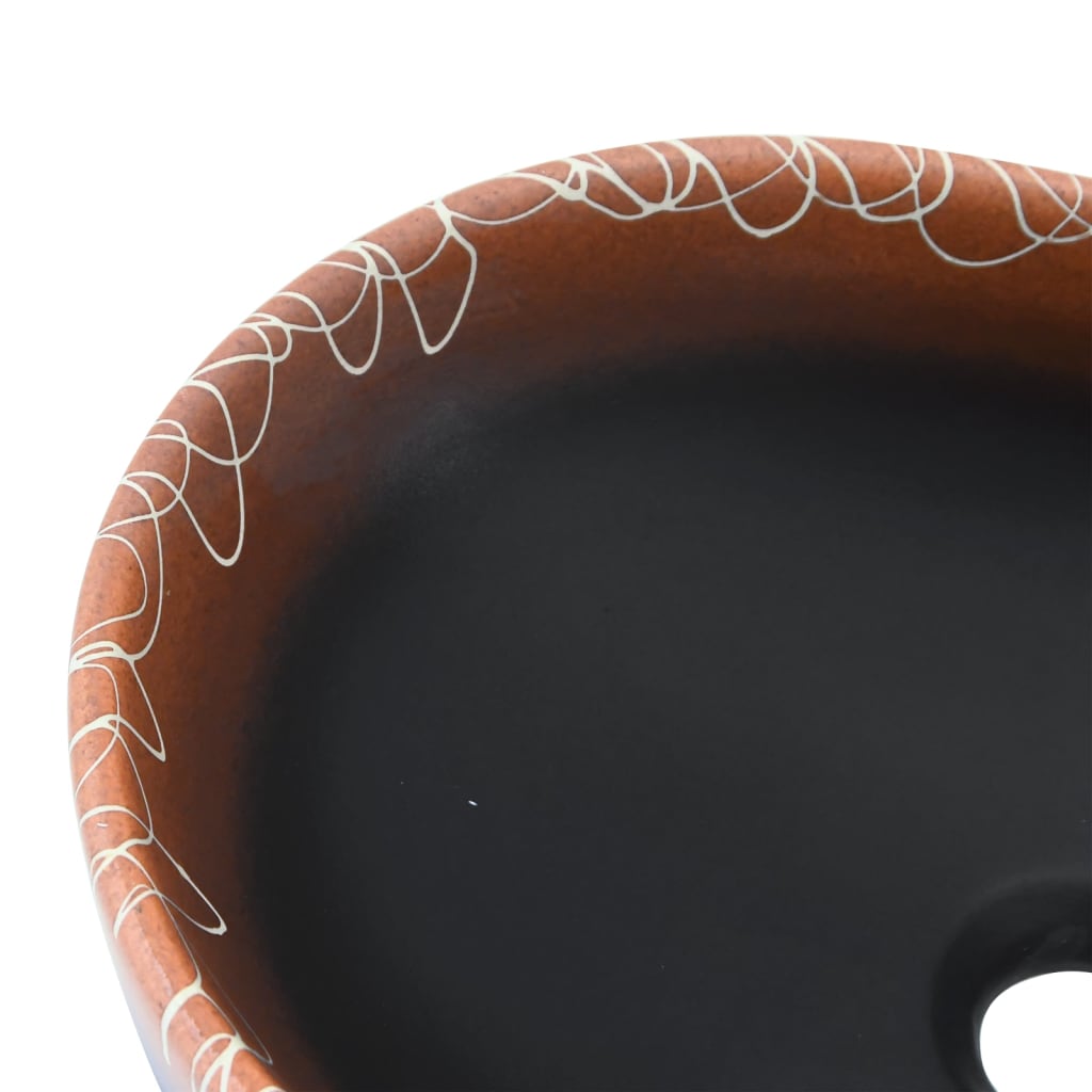 Lavatório de bancada oval 47x33x13 cm cerâmica preto e laranja