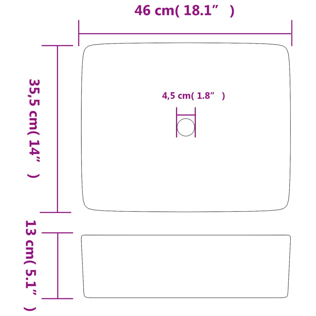 Lavatório de bancada retangular 46x35,5x13 cm cerâmica multicor