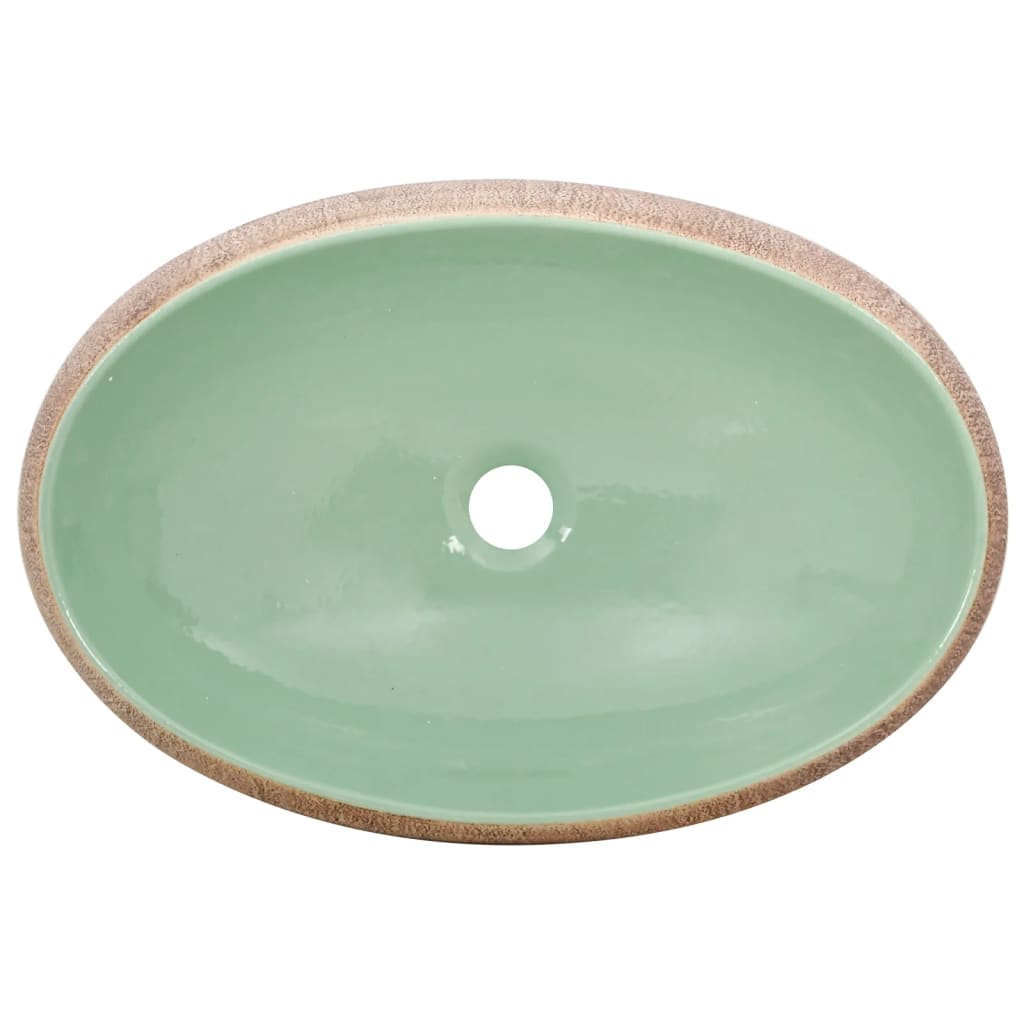 Lavatório de bancada oval 59x40x15 cm cerâmica verde e castanho