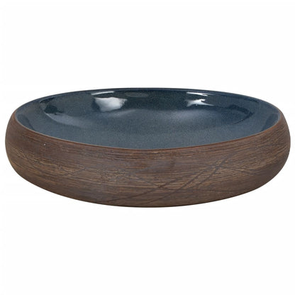 Lavatório de bancada oval 59x40x15 cm cerâmica castanho e azul