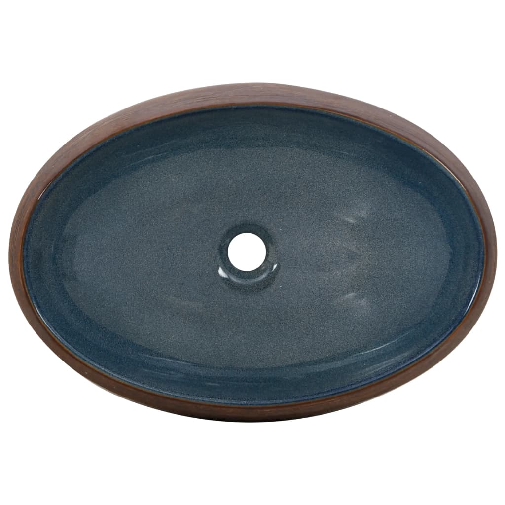 Lavatório de bancada oval 59x40x15 cm cerâmica castanho e azul