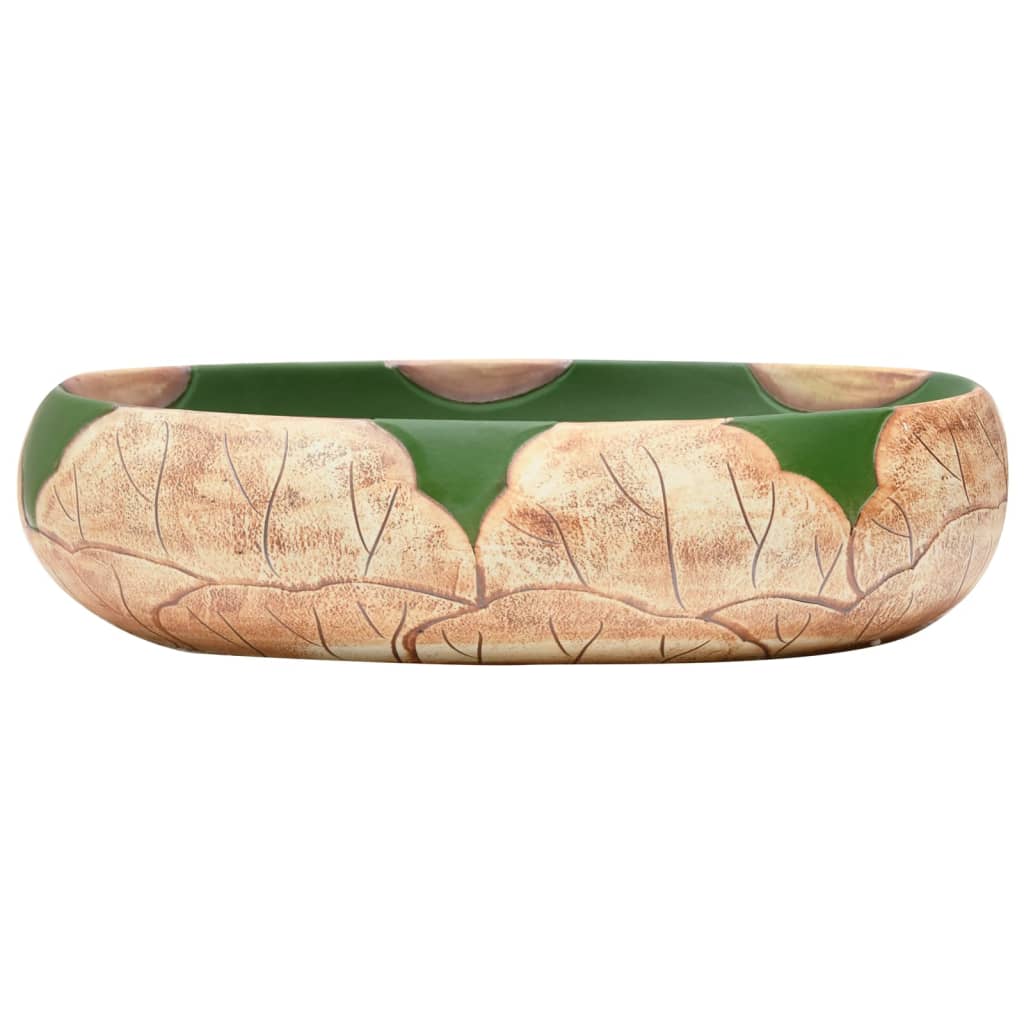 Lavatório de bancada oval 59x40x15 cm cerâmica verde e castanho