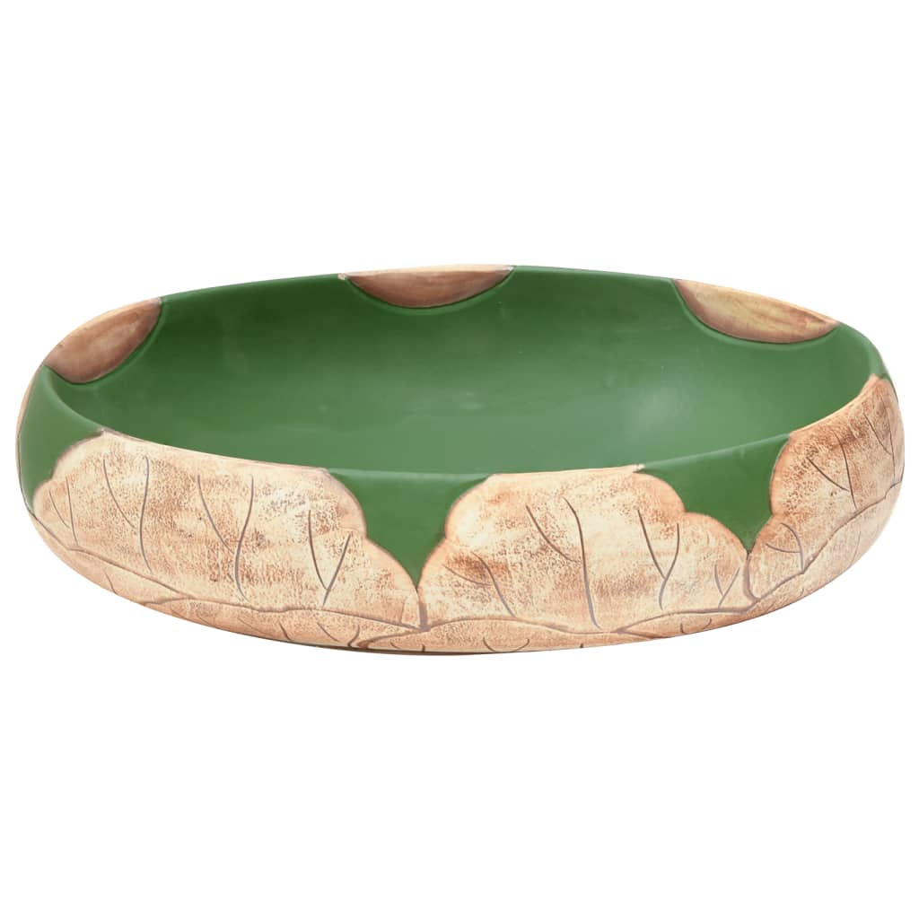 Lavatório de bancada oval 59x40x15 cm cerâmica verde e castanho