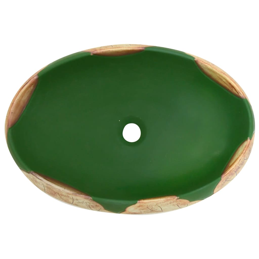 Lavatório de bancada oval 59x40x15 cm cerâmica verde e castanho