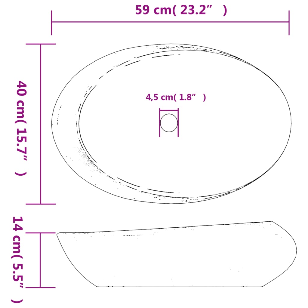 Lavatório de bancada oval 59x40x14 cm cerâmica roxo e cinza