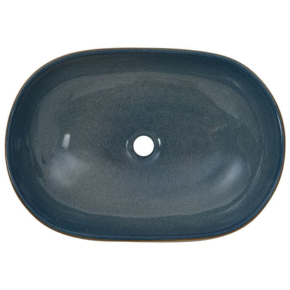 Lavatório bancada oval 59x40x14 cm cerâmica cor de areia e azul