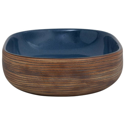 Lavatório de bancada oval 59x40x14 cm cerâmica castanho e azul