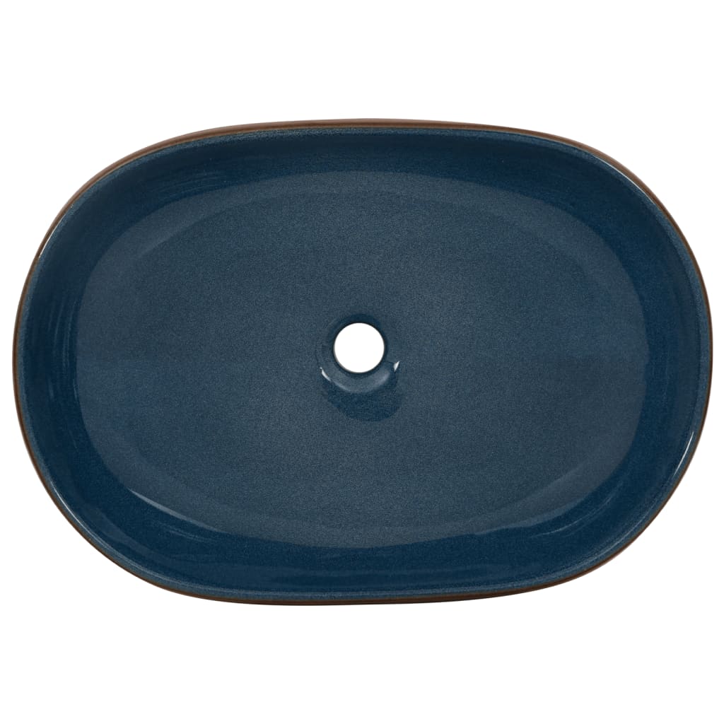 Lavatório de bancada oval 59x40x14 cm cerâmica castanho e azul