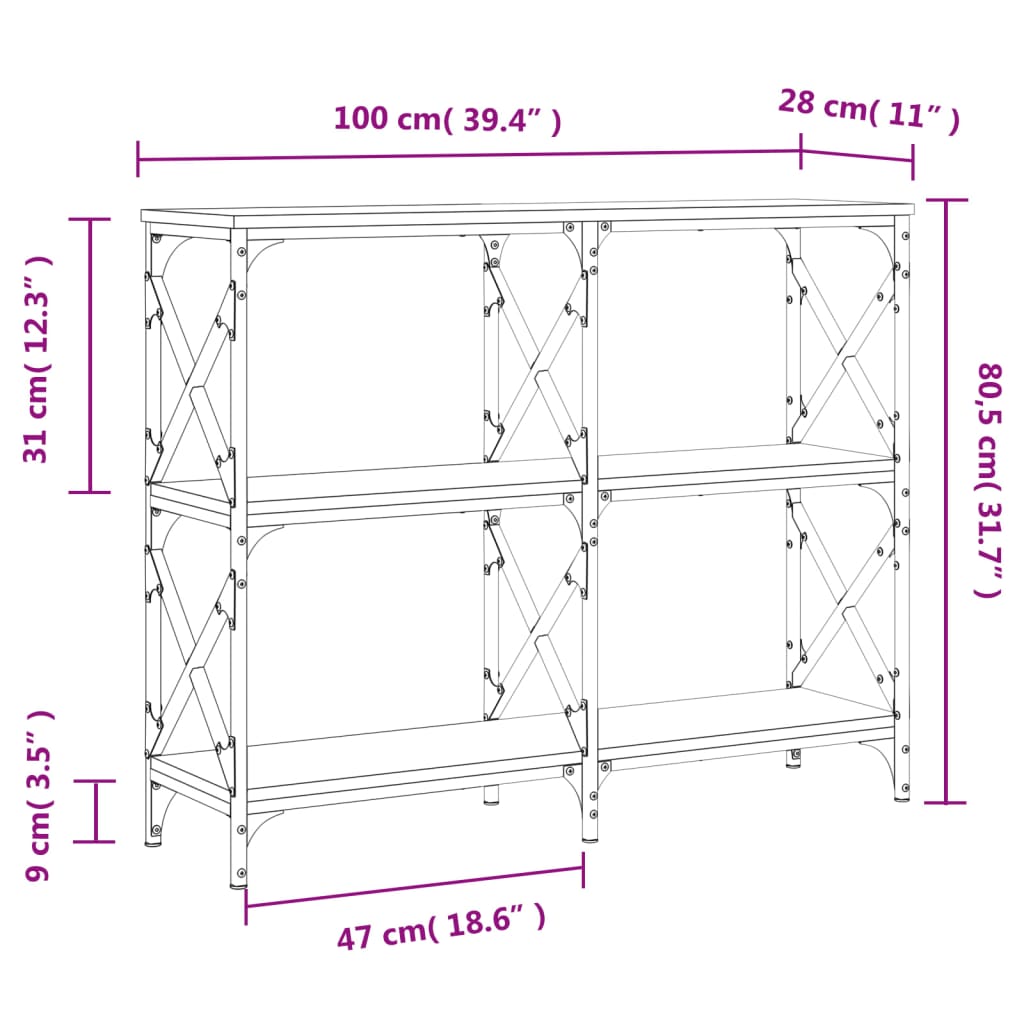 Consola de Entrada Fíona - 100x28x80,5 cm - Cor Carvalho Sonoma - Derivados de Madeira com Estrutura de Metal - Design Industrial