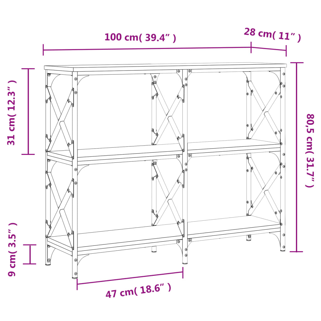 Consola de Entrada Fíona - 100x28x80,5 cm - Cor Cinzento - Derivados de Madeira com Estrutura de Metal - Design Industrial