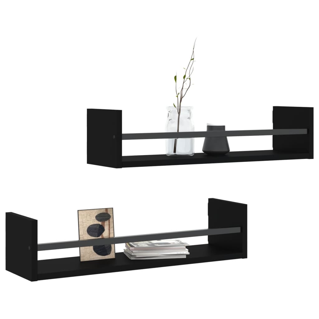 Prateleiras de parede com barras 2 pcs 60x16x14 cm preto