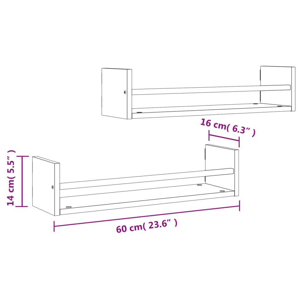 Prateleiras de parede com barras 2 pcs 60x16x14 cm preto