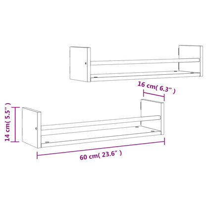 Prateleiras de parede com barras 2 pcs 60x16x14 cm preto