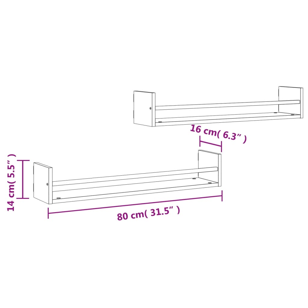 Prateleiras de parede c/ barras 2pcs 80x16x14cm carvalho fumado