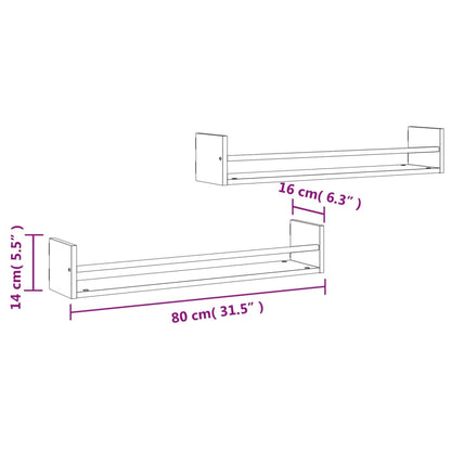 Prateleiras de parede c/ barras 2pcs 80x16x14cm carvalho fumado