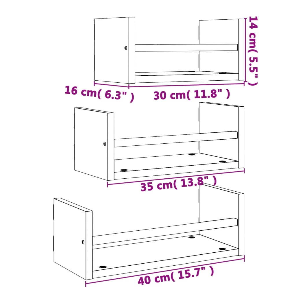 3pcs prateleiras c/ barras derivados madeira carvalho castanho