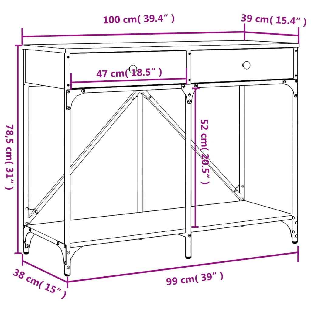 Consola de Entrada Nóra - Com 2 Gavetas - 100x39x78,5 cm - Madeira Rústica - Derivados de Madeira com Estrutura de Aço - Design Industrial