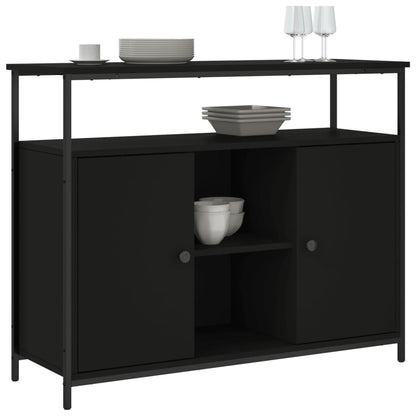 Aparador Tulle - Cor Preto - Com 2 Portas, 4 Prateleiras Externas e 4 Prateleiras Interiores - 100x 35x80 cm  - Derivados de Madeira, Estrutura e  Pés Ajustáveis em Aço - Design Nórdico