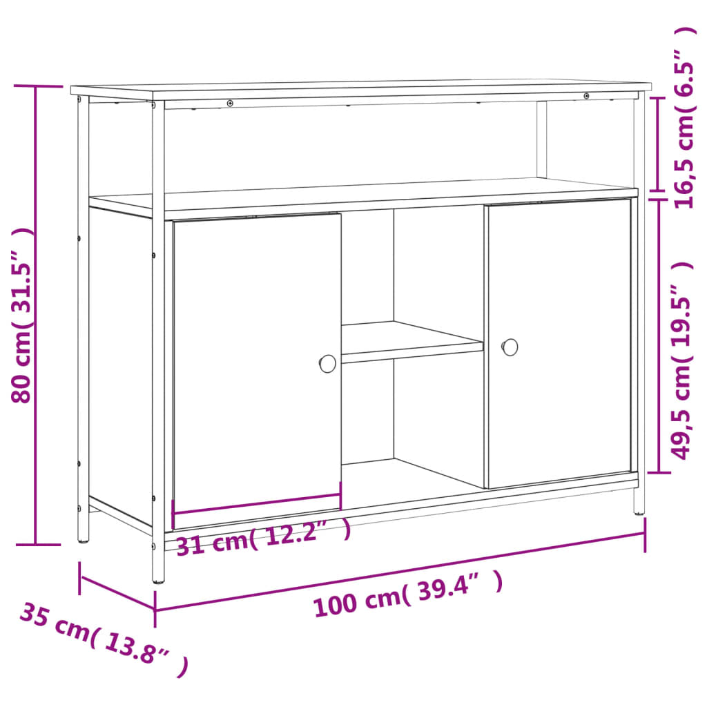 Aparador Tulle - Cor Preto - Com 2 Portas, 4 Prateleiras Externas e 4 Prateleiras Interiores - 100x 35x80 cm  - Derivados de Madeira, Estrutura e  Pés Ajustáveis em Aço - Design Nórdico