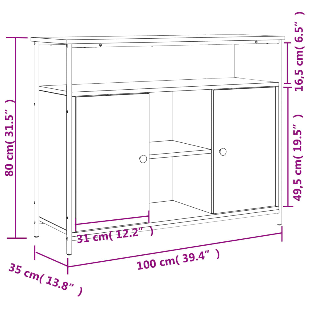 Aparador Tulle - Cor Carvalho Sonoma - Com 2 Portas, 4 Prateleiras Externas e 4 Prateleiras Interiores - 100x 35x80 cm  - Derivados de Madeira, Estrutura e  Pés Ajustáveis em Aço - Design Nórdico