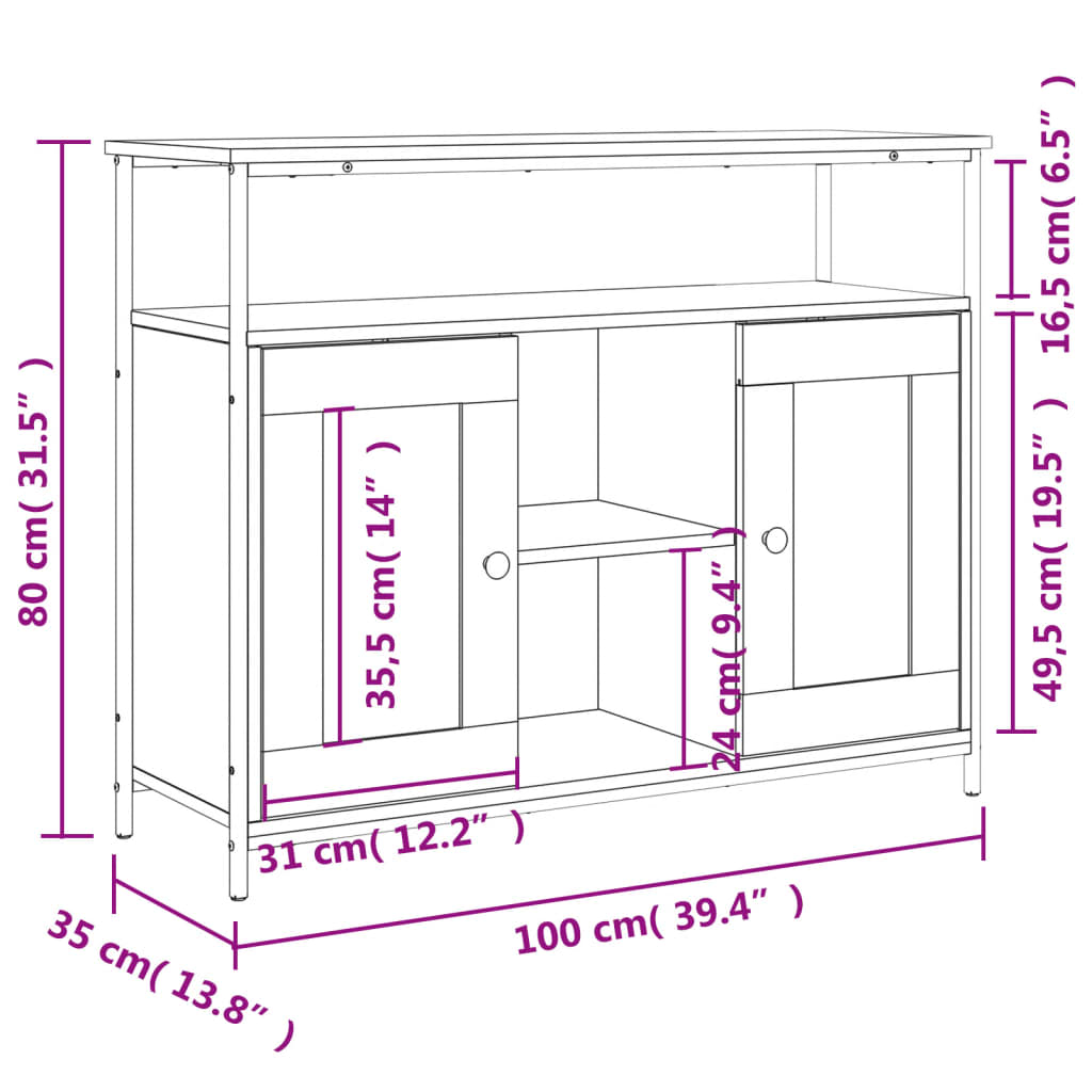 Aparador Edua - Cor Cinzento Sonoma - 100x35x80 cm - Derivados de Madeira, Aço e Vidro - Design Nórdico