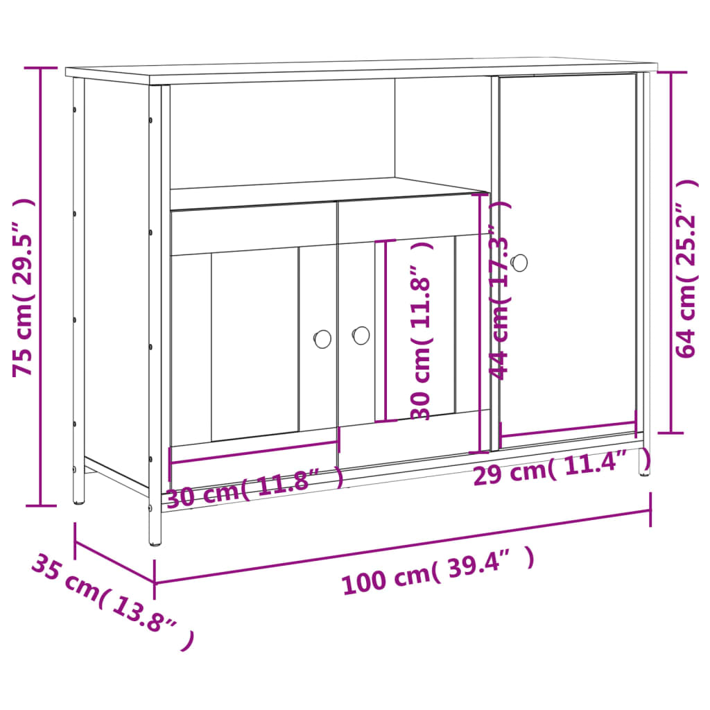 Aparador Eduar  - Cor Cinzento Sonoma - 100x35x75 cm - Derivados de Madeira, Aço e Vidro - Design Nórdico