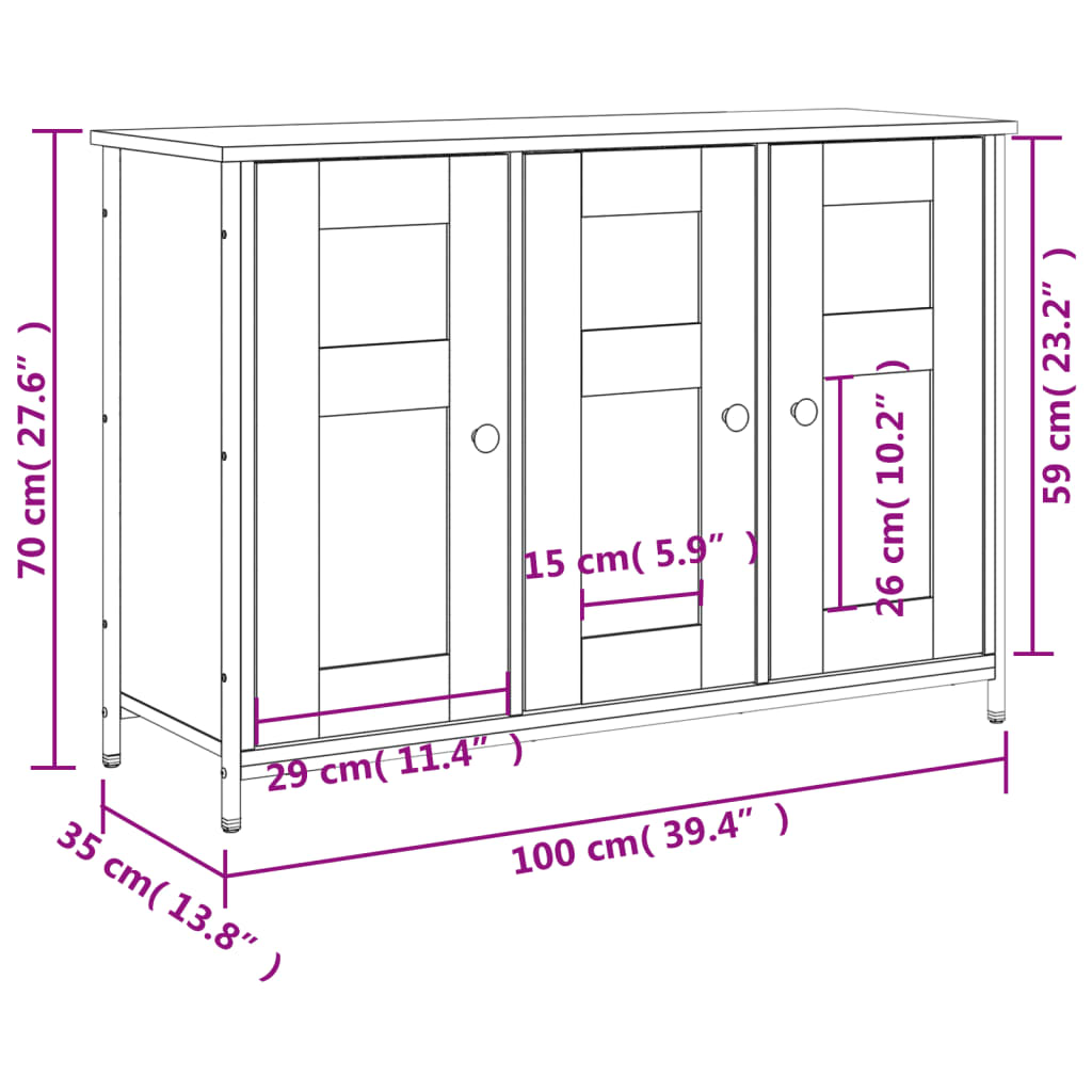 Aparador Tulle - Cor Madeira Rústica - Com 3 Portas e 6 Prateleiras Interiores - 100x35x70 cm - Derivados de Madeira, Vidro e Pés Ajustáveis em Aço - Design Nórdico