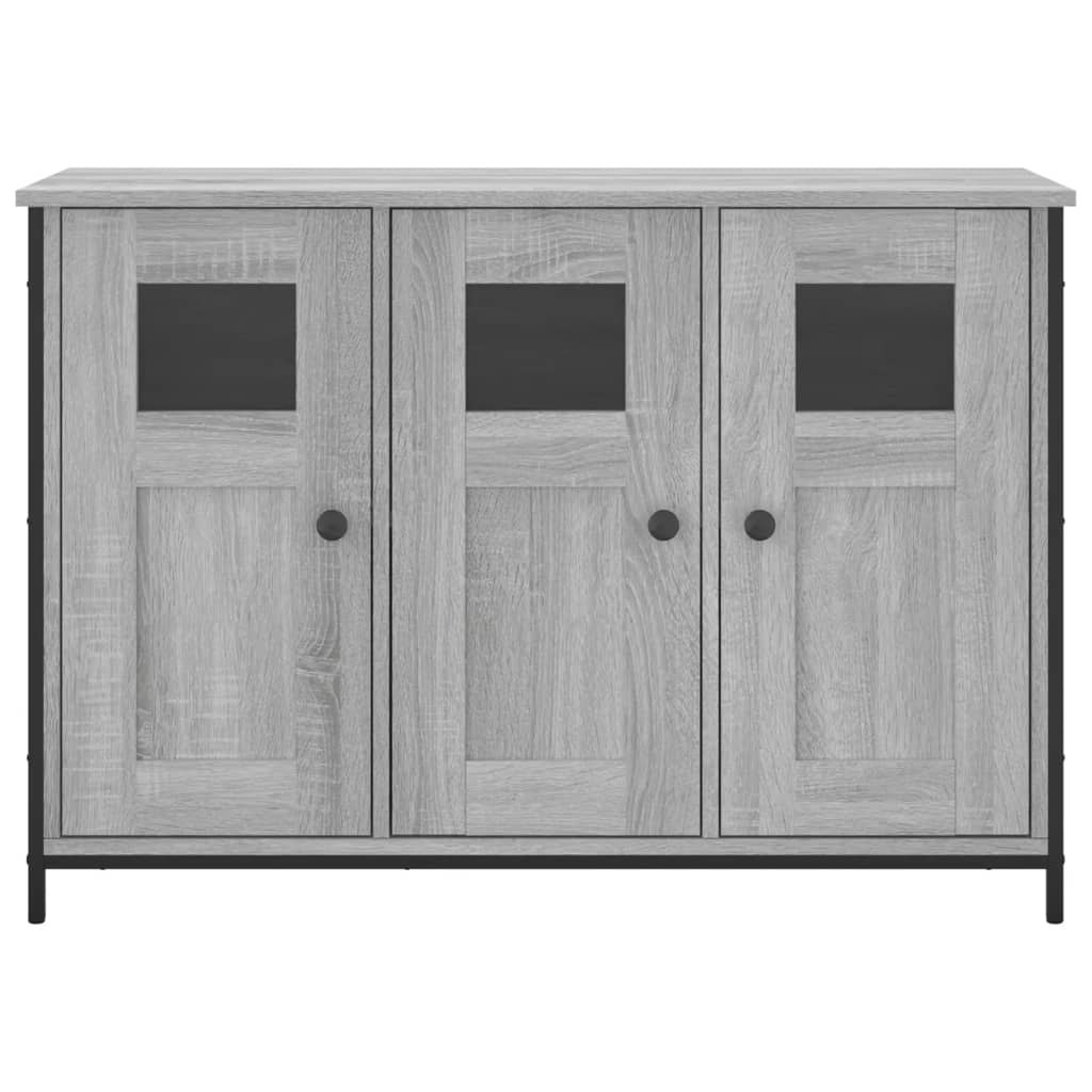 Aparador Tulle - Cor Cinzento Sonoma - Com 3 Portas e 6 Prateleiras Interiores - 100x35x70 cm - Derivados de Madeira, Vidro e Pés Ajustáveis em Aço - Design Nórdico