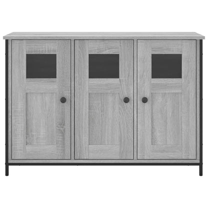 Aparador Tulle - Cor Cinzento Sonoma - Com 3 Portas e 6 Prateleiras Interiores - 100x35x70 cm - Derivados de Madeira, Vidro e Pés Ajustáveis em Aço - Design Nórdico