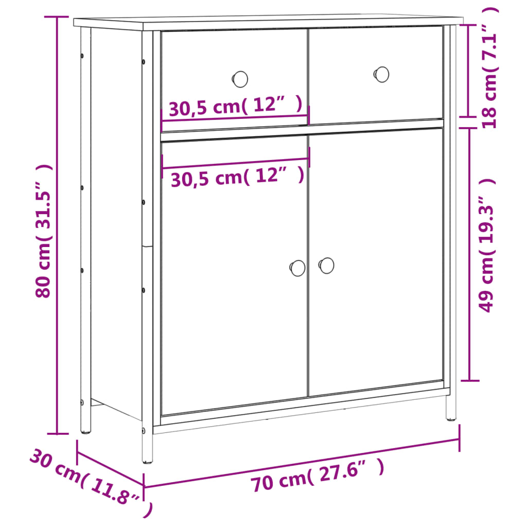 Aparador Tulle - Cor Madeira Rústica - Com 2 Gavetas, 2 Portas e 2 Prateleiras Interiores - 70x30x80 cm - Derivados de Madeira e Pés Ajustáveis em Aço - Design Nórdico