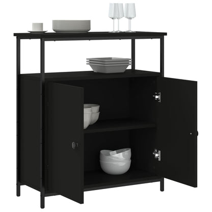 Aparador Tulle - Cor Preto - Com 2 Prateleiras Abertas, 2 Portas e 2 Prateleiras Interiores - 70x30x80 cm - Derivados de Madeira e Pés Ajustáveis em Aço - Design Nórdico