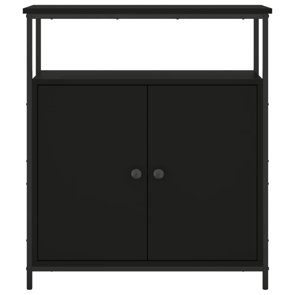 Aparador Tulle - Cor Preto - Com 2 Prateleiras Abertas, 2 Portas e 2 Prateleiras Interiores - 70x30x80 cm - Derivados de Madeira e Pés Ajustáveis em Aço - Design Nórdico