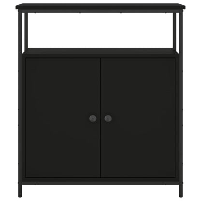 Aparador Tulle - Cor Preto - Com 2 Prateleiras Abertas, 2 Portas e 2 Prateleiras Interiores - 70x30x80 cm - Derivados de Madeira e Pés Ajustáveis em Aço - Design Nórdico