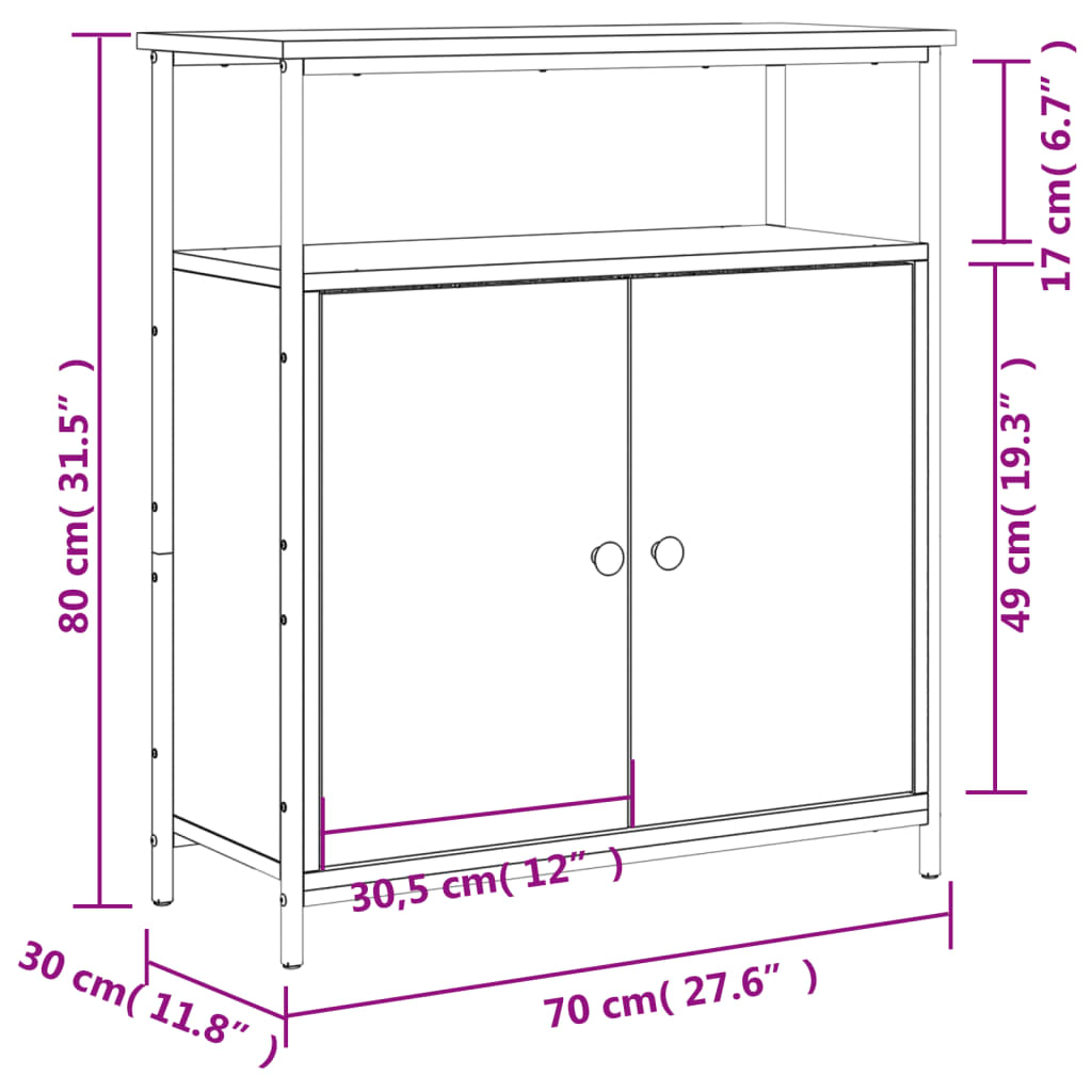 Aparador Tulle - Cor Preto - Com 2 Prateleiras Abertas, 2 Portas e 2 Prateleiras Interiores - 70x30x80 cm - Derivados de Madeira e Pés Ajustáveis em Aço - Design Nórdico