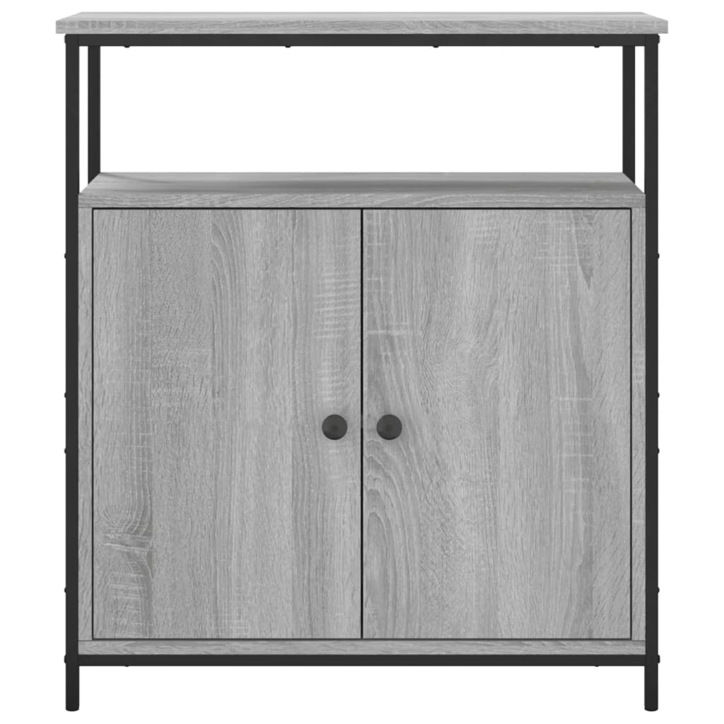 Aparador Tulle - Cor Cinzento Sonoma - Com 2 Prateleiras Abertas, 2 Portas e 2 Prateleiras Interiores - 70x30x80 cm - Derivados de Madeira e Pés Ajustáveis em Aço - Design Nórdico