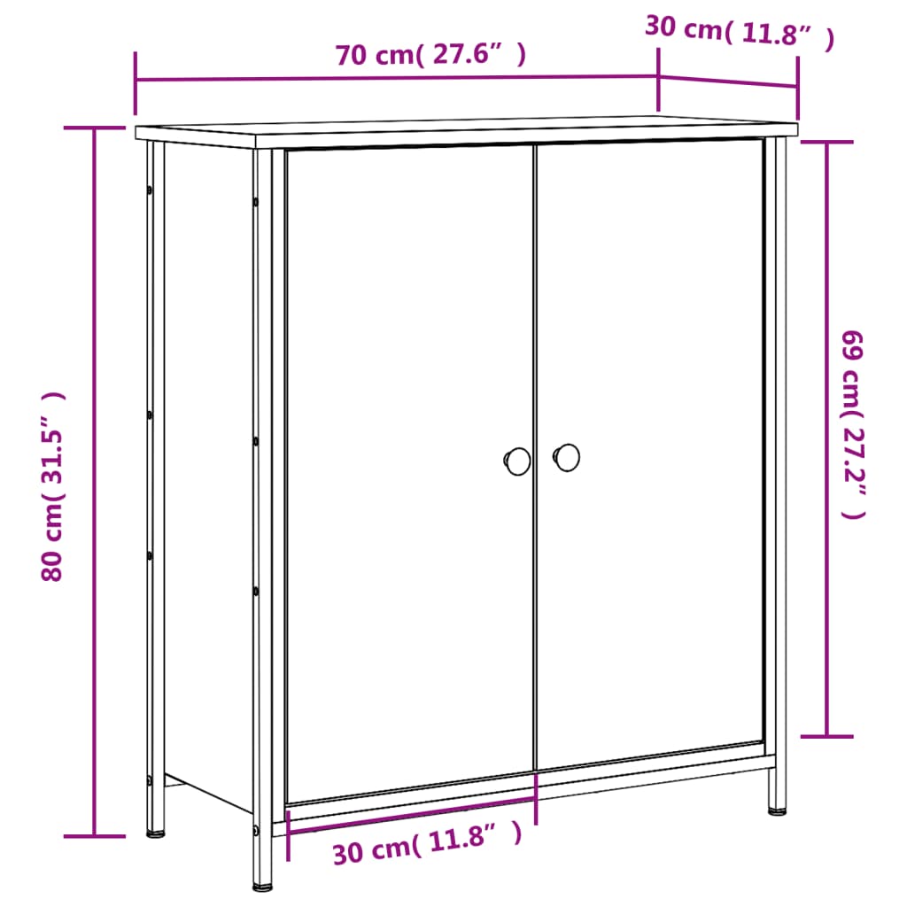 Aparador Tulle - Cor Carvalho Sonoma - Com 2 Portas e 4 Prateleiras Interiores - 70x30x80 cm - Derivados de Madeira e Pés Ajustáveis em Aço - Design Nórdico