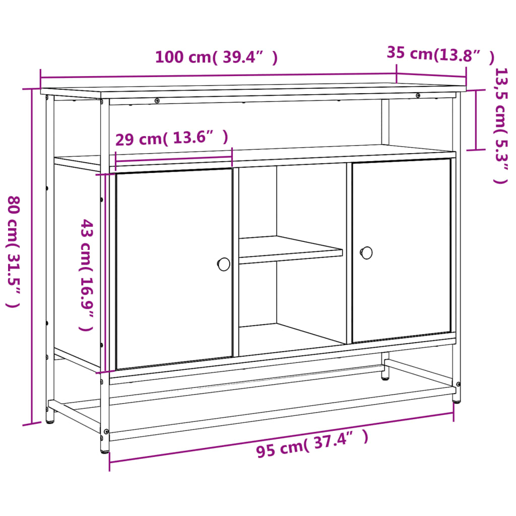 Aparador Tulle - Cor Carvalho Sonoma - Com 2 Portas, 4 Prateleiras Externas e 4 Prateleiras Interiores - 100x35x80 cm - Derivados de Madeira, Estrutura e  Pés Ajustáveis em Aço - Design Nórdico