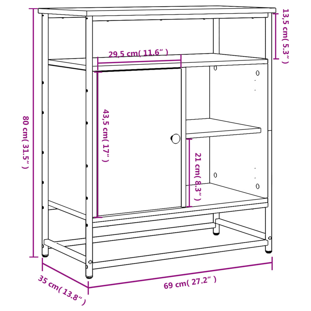 Aparador Tulle - Cor Carvalho Sonoma - Com 1 Portas, 4 Prateleiras Externas e 2 Prateleiras Interiores - 69x35x80 cm - Derivados de Madeira, Estrutura e  Pés Ajustáveis em Aço - Design Nórdico