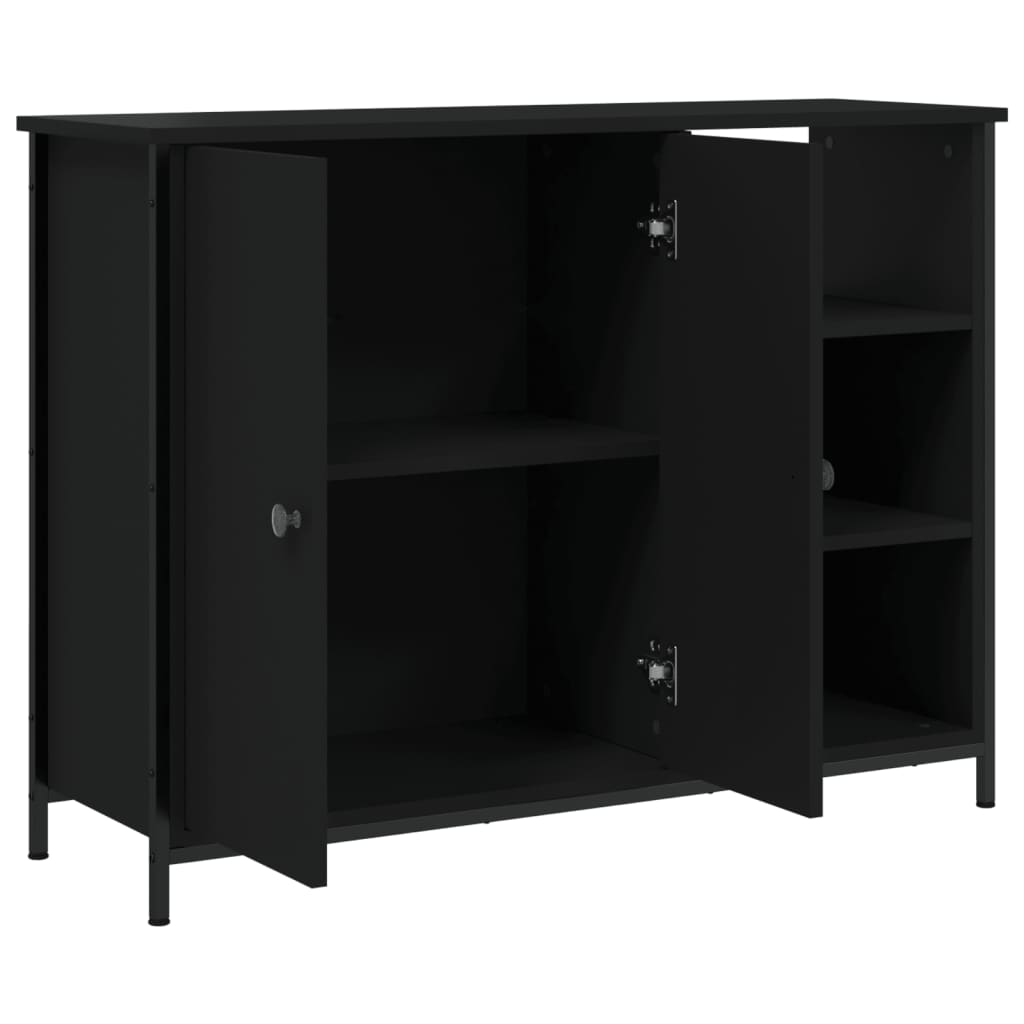 Aparador Tulle - Cor Preto - Com 2 Portas, 3 Prateleiras Externas e 2 Prateleiras Interiores - 100x33x75 cm - Derivados de Madeira, Estrutura e  Pés Ajustáveis em Aço - Design Nórdico